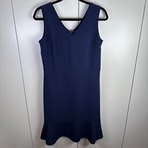 Banana Republic Women 10 Navy V Neck Sleeveless Sheath Ruffle Hem Minimalist Lux